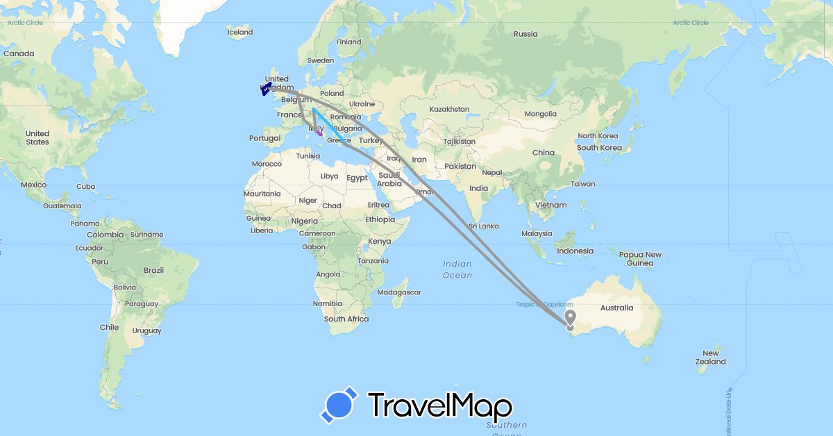 TravelMap itinerary: driving, bus, plane, train, boat in United Arab Emirates, Australia, Germany, United Kingdom, Greece, Ireland, Italy, Netherlands (Asia, Europe, Oceania)